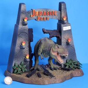 jurassic park universal studios t-rex break through gates statue